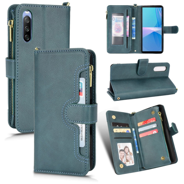 Teal litchi-texture zipper phone case wallet with card slots and flip stand