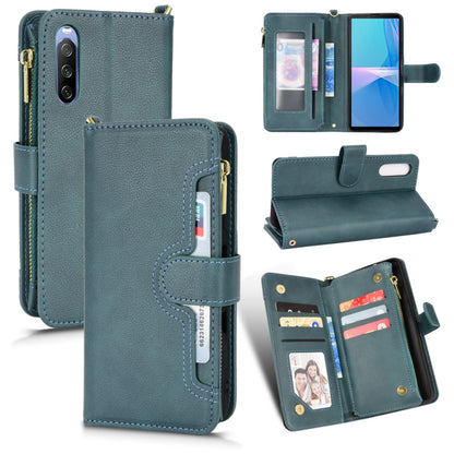 Teal litchi-texture zipper phone case wallet with card slots and flip stand