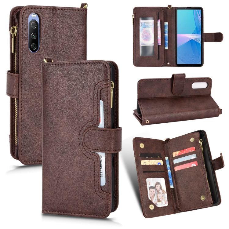 Brown litchi-texture zipper phone case wallet with card slots and flip stand