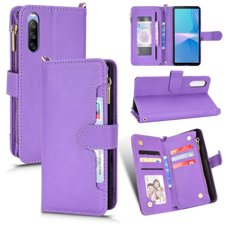 Purple litchi-texture zipper phone case wallet with card slots and flip stand