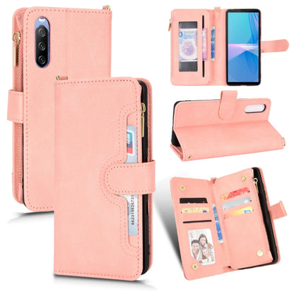 Pink litchi-texture zipper folio case with card slots, window pocket, and stand