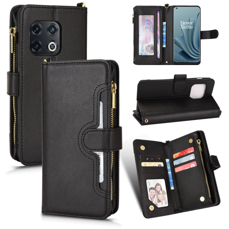 Black litchi-texture zipper folio phone case with card slots and front cover