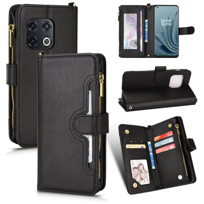 Black litchi-texture zipper folio phone case with card slots and front cover
