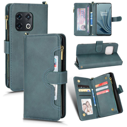 Teal litchi-texture zipper folio phone case with card slots and front cover