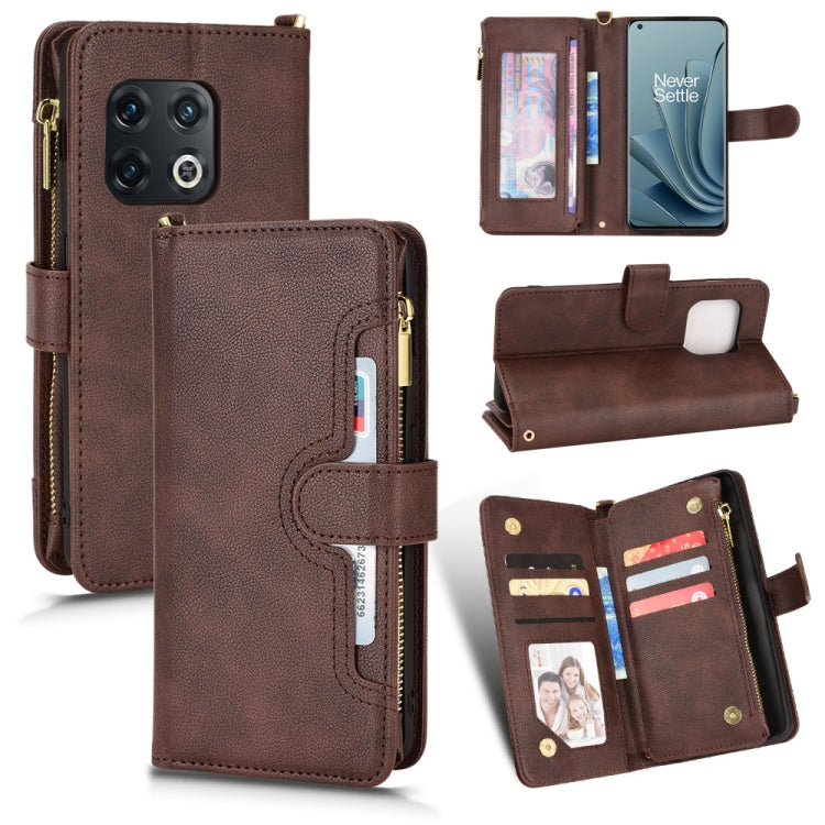 Brown litchi-texture zipper folio phone case with card slots and front cover