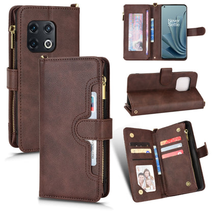 Brown litchi-texture zipper folio phone case with card slots and front cover
