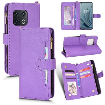 Purple litchi-texture zipper folio phone case with card slots and front cover