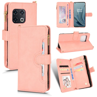 Pink litchi-textured leather phone case with zipper, flip cover, and card slots