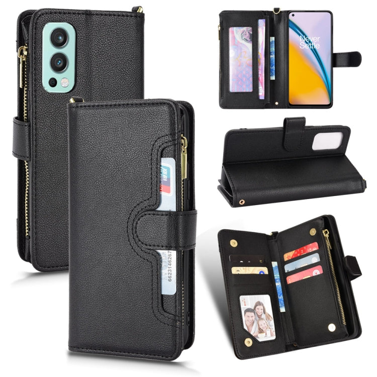 Black litchi-textured leather phone case with zipper, folio flap, and card slots