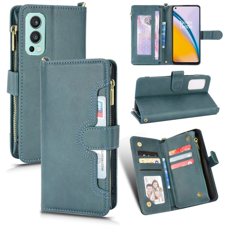 Teal litchi-textured leather phone case with zipper, flip cover, and card slots