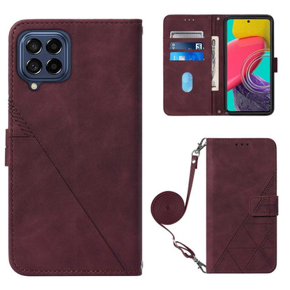 Wine red embossed flip leather phone case with crossbody strap and card slots