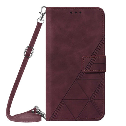 Wine red embossed flip leather phone case with shoulder strap and magnetic flap