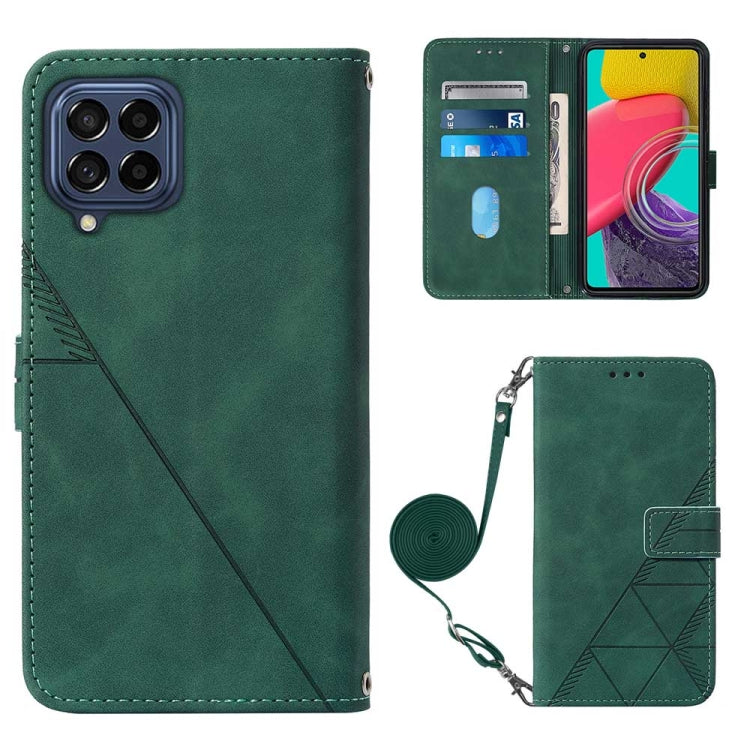 Dark green embossed flip leather phone case with crossbody strap and card pocket