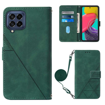 Dark green embossed flip leather phone case with crossbody strap and card pocket