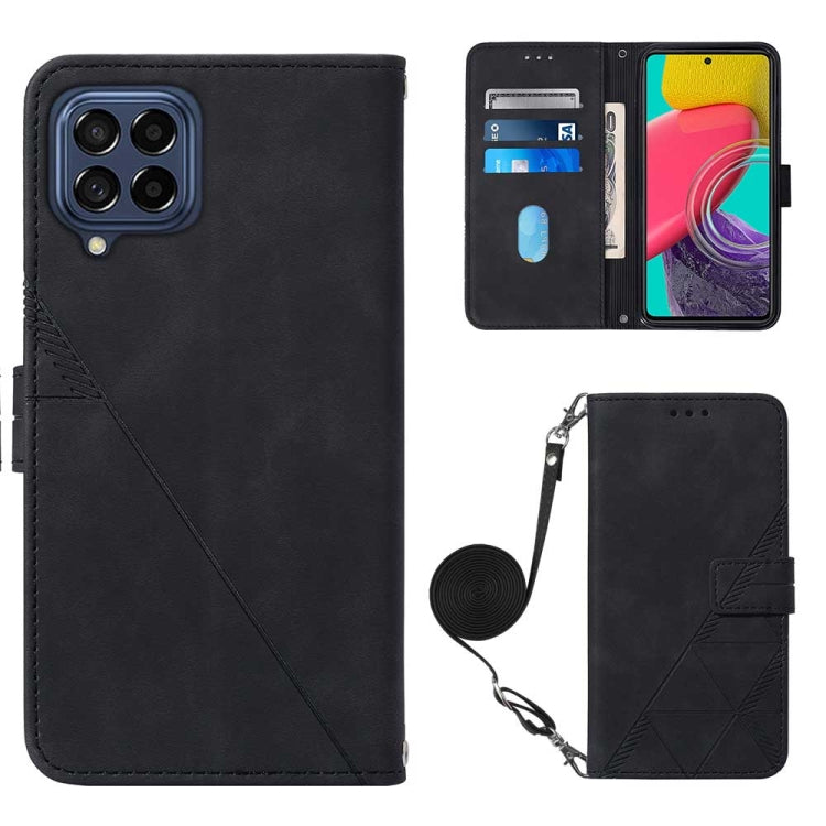 Black embossed flip leather phone case with crossbody strap and card slots