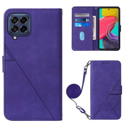 Purple flip leather phone case with crossbody strap, geometric back, and round charm.