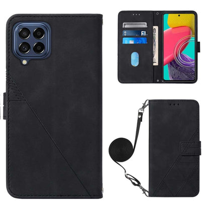 Black flip leather phone case with crossbody strap and embossed diagonal panel.