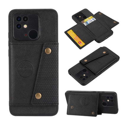 Black magnetic wallet phone case with double buckle, card slots, and camera cutouts
