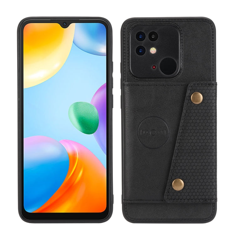 Black magnetic wallet phone case with card slots and double buckle, shown on a phone