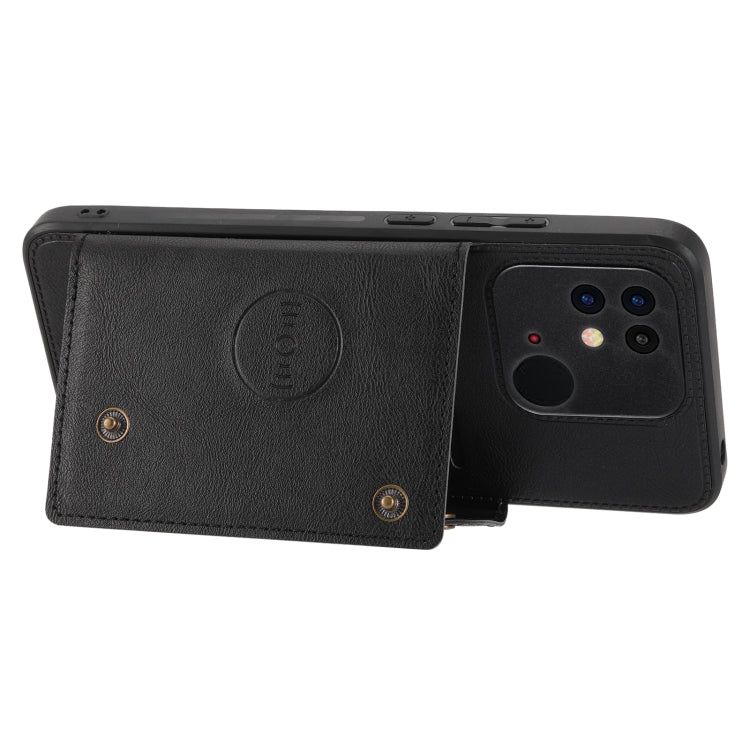 Black folio phone case with magnetic flap, card slot panel, and dual camera opening