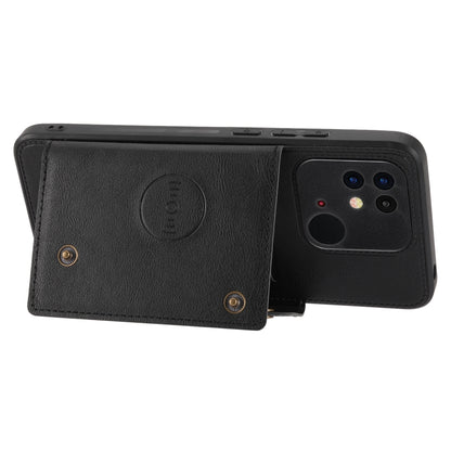 Black folio phone case with magnetic flap, card slot panel, and dual camera opening