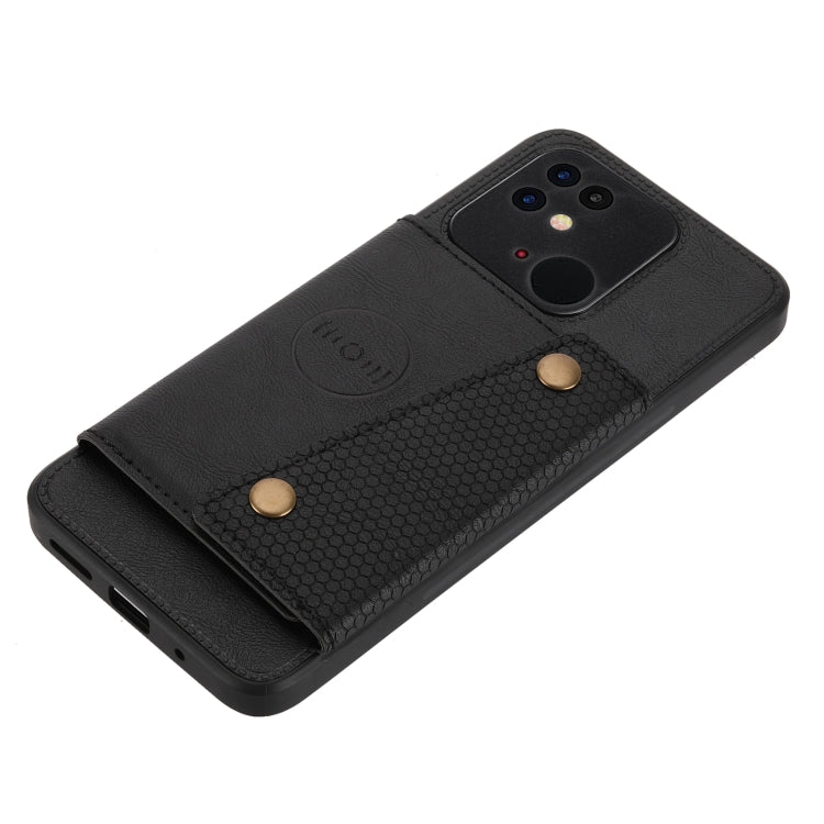 Black slim phone wallet case with magnetic clasp, textured back panel, and camera cutout