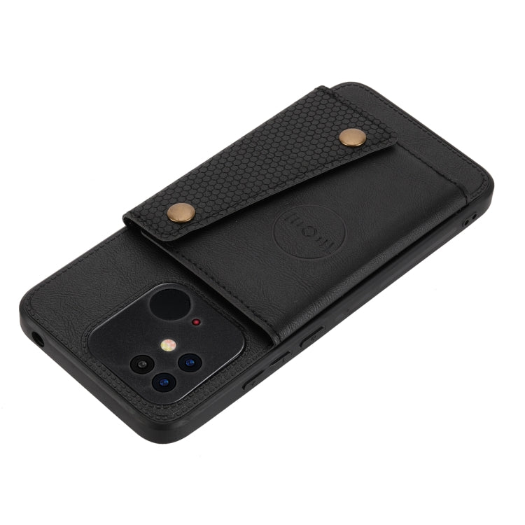 Black folio phone wallet case with magnetic clasp, card slot flap, and side port cutouts
