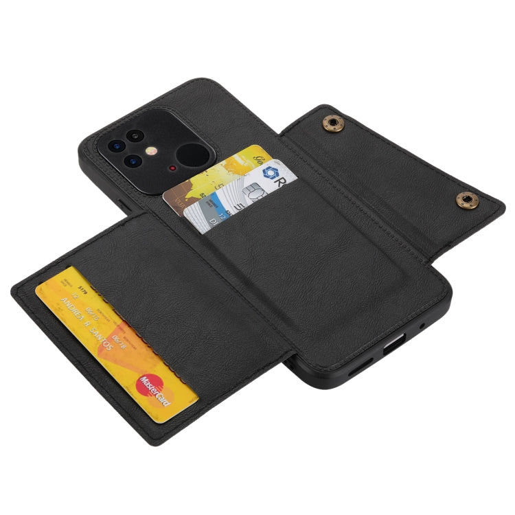 Black double-buckle phone wallet case open with card slots, showing inner pockets