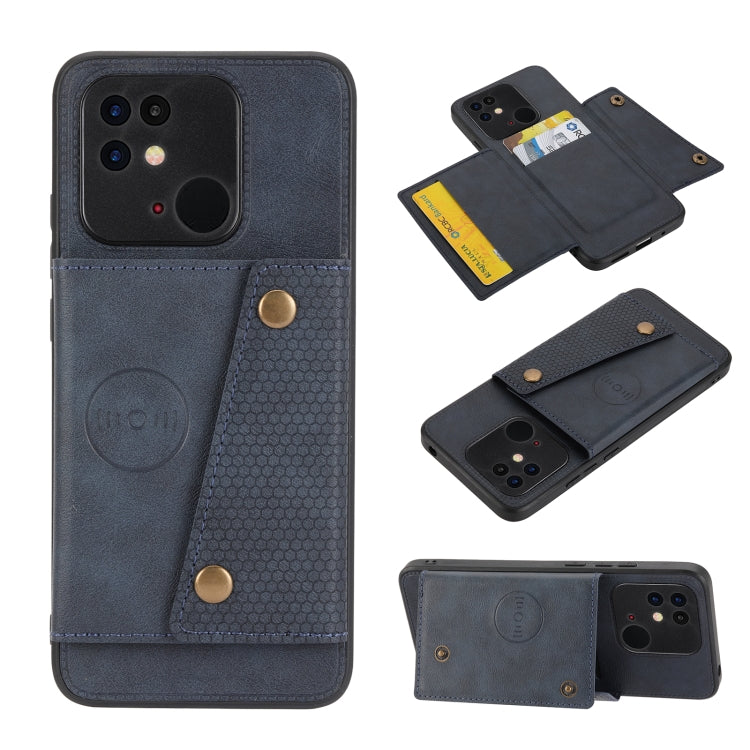 Blue magnetic flip phone case with dual card slots and double buckle closure