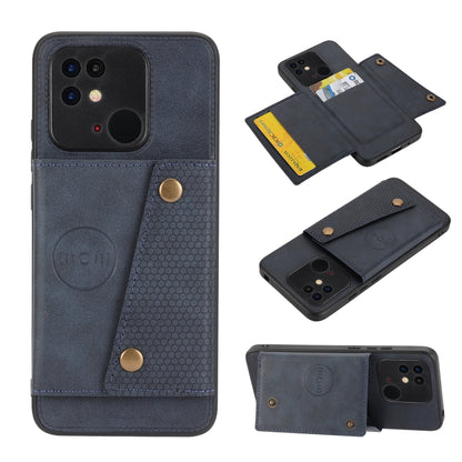 Blue magnetic flip phone case with dual card slots and double buckle closure