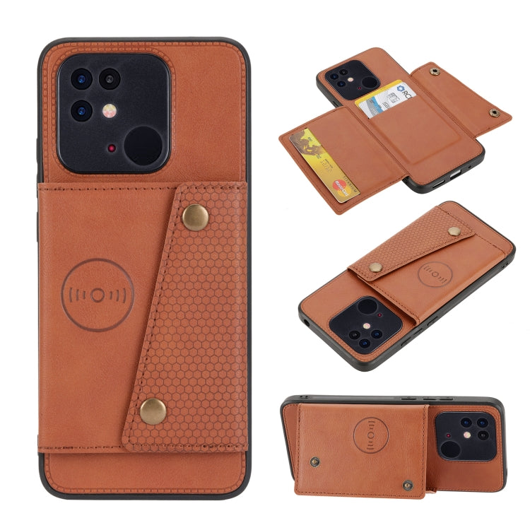 Magnetic phone wallet case with double buckle; warm orange-brown, card slots and snap closure.