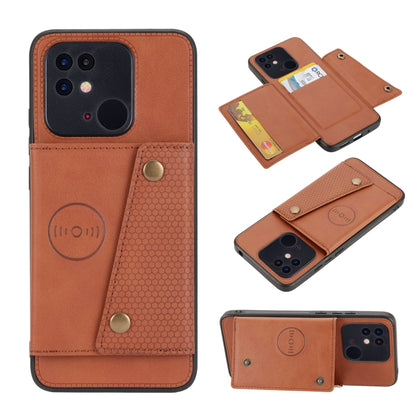 Magnetic phone wallet case with double buckle; warm orange-brown, card slots and snap closure.