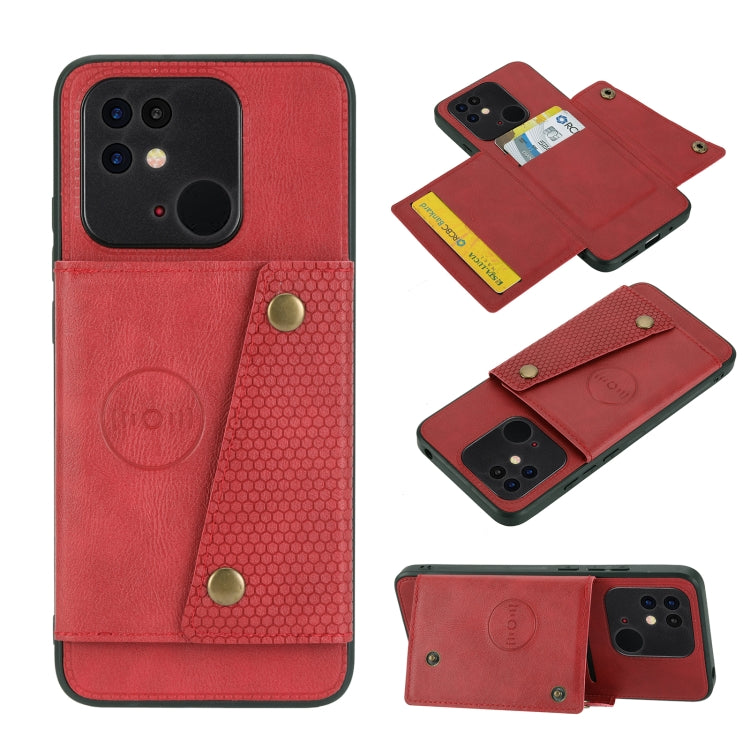 Red magnetic wallet phone case with double buckle, card slots, and folio cover