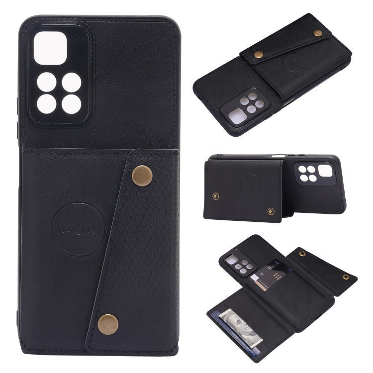 Black magnetic wallet phone case with gold button, card slot, and pocketed flip