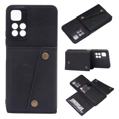Black magnetic wallet phone case with gold button, card slot, and pocketed flip