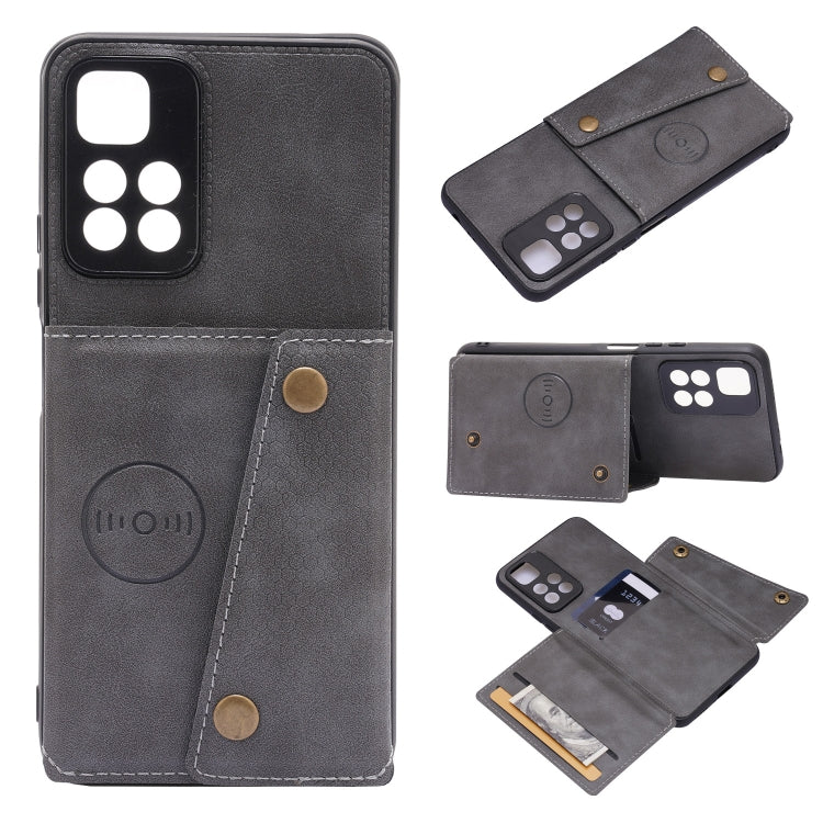 Gray magnetic phone case with double buckle, card slots, and front camera window