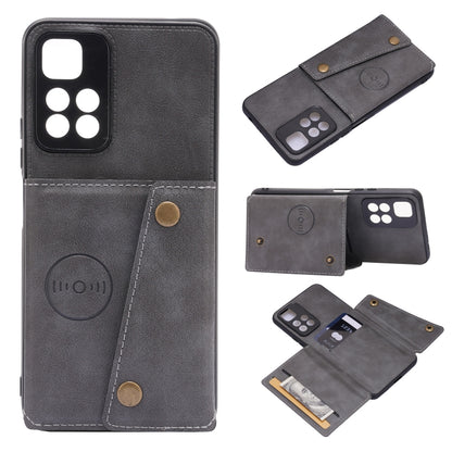 Gray magnetic phone case with double buckle, card slots, and front camera window