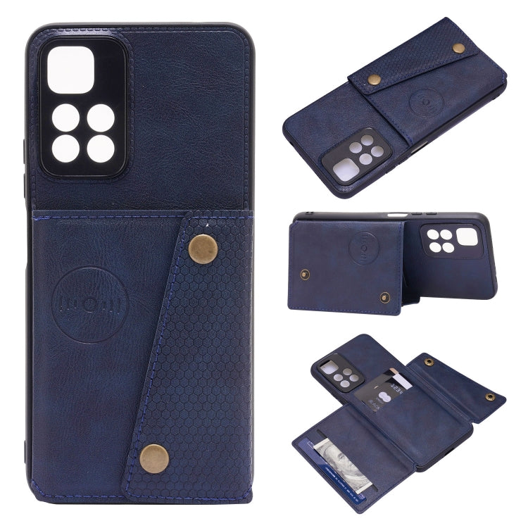 Blue magnetic phone case with flip cover, card slots, and double buckle fasteners