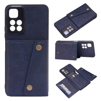 Blue magnetic phone case with flip cover, card slots, and double buckle fasteners