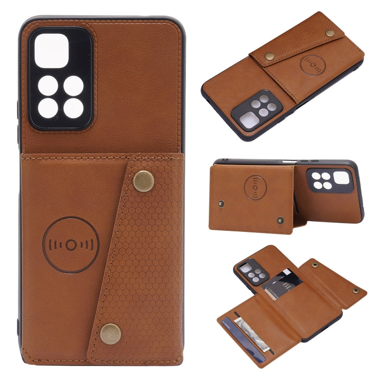 Magnetic phone wallet case with double buckle; brown leather-look, phone screen cutout and card pockets.