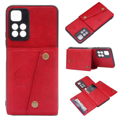 Red leather-look magnetic wallet phone case with double buckle and card pocket