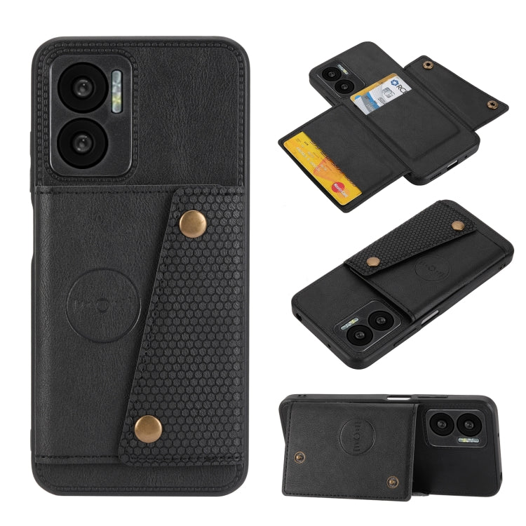 Black magnetic wallet phone case with double buckle, card slots, and camera openings