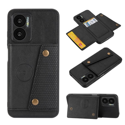Black magnetic wallet phone case with double buckle, card slots, and camera openings