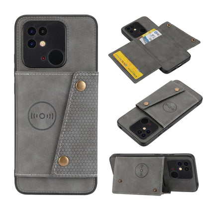 Gray magnetic wallet phone case with double buckle, textured back, card slots, camera cutout