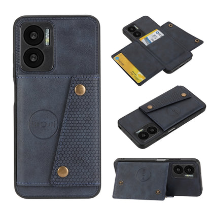 Dark blue magnetic wallet phone case with dual card holders and double buckle