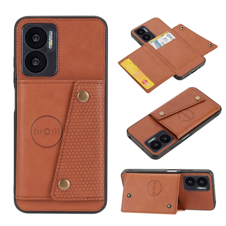 Magnetic phone wallet case with double buckle; orange-brown, textured interior and camera cutout.