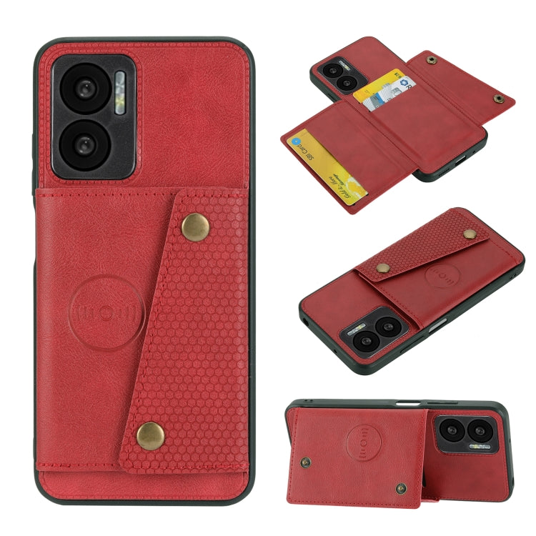 Red-brown magnetic wallet phone case with double buckle, card slots, and snap cover