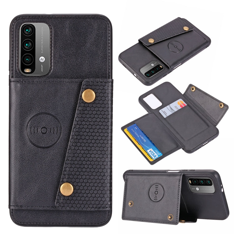 Black magnetic wallet phone case with double buckle, card slots, and protective flip