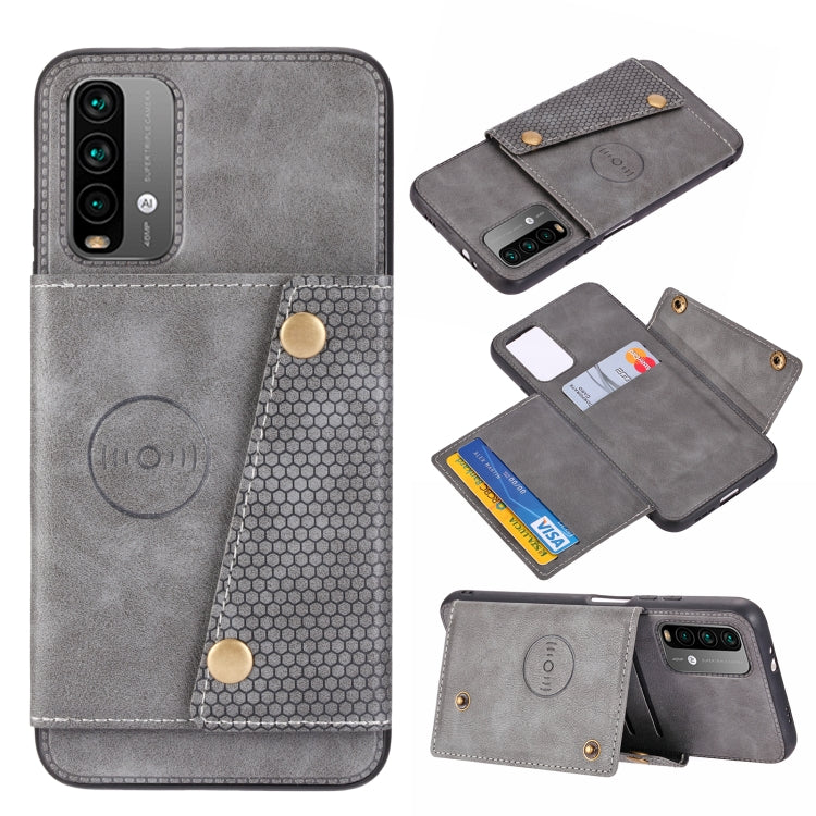 Light gray magnetic wallet phone case with double buckle, card slots, and camera cutout