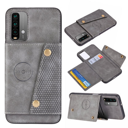 Light gray magnetic wallet phone case with double buckle, card slots, and camera cutout